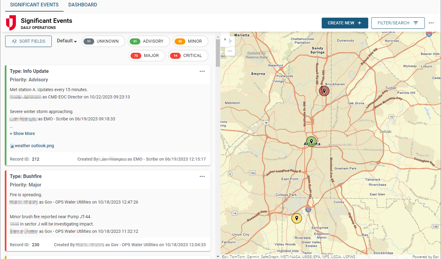 Significant Events Dashboard with a map and list of significant events
